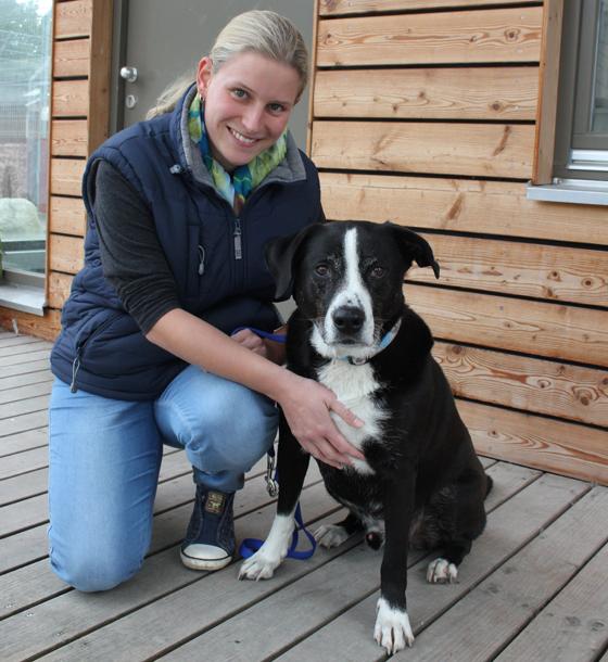 Nadine Meixner von der Tierheimverwaltung mit Labrador-Mix Buddy  ein Dream-Team. Aber den beiden ist bei Weitem nicht immer zum Lachen zumute.	Foto: cr